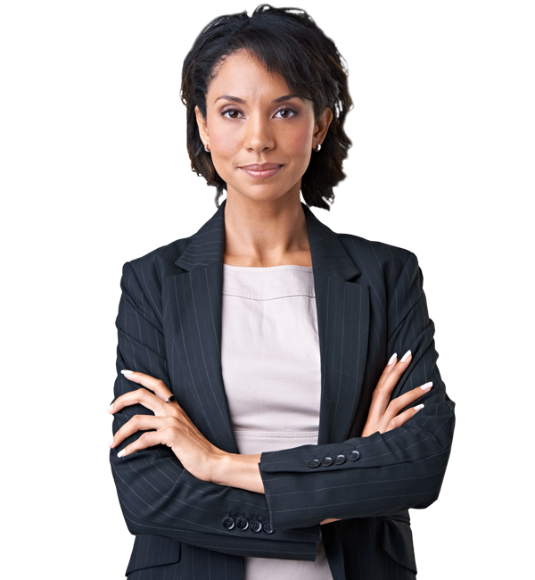 Happy looking lady in a suit with arms folded