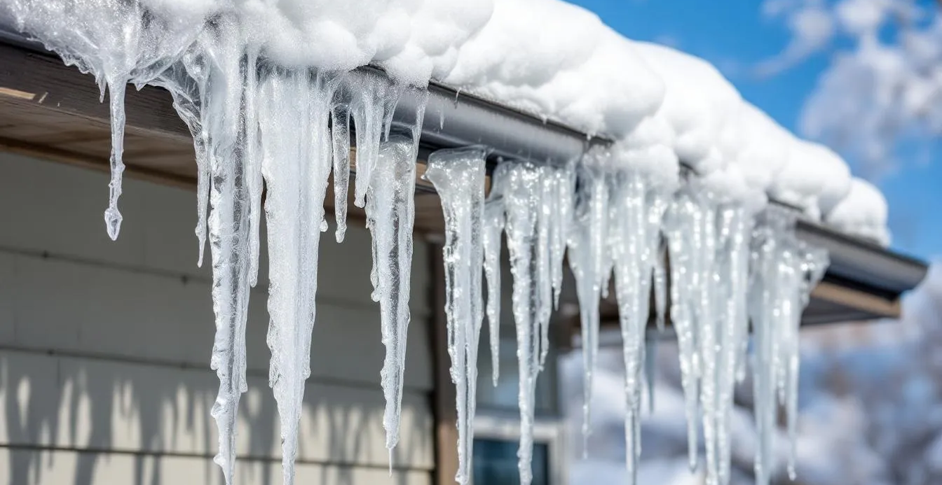 The image shows icicles and ice dam formations along the edges of a house's roof and gutters, highlighting the potential for snow and ice damage during winter storms. Homeowners should be aware that most homeowners insurance policies typically cover damage caused by ice dams, but it's important to consult with an insurance agent to understand specific coverage options.