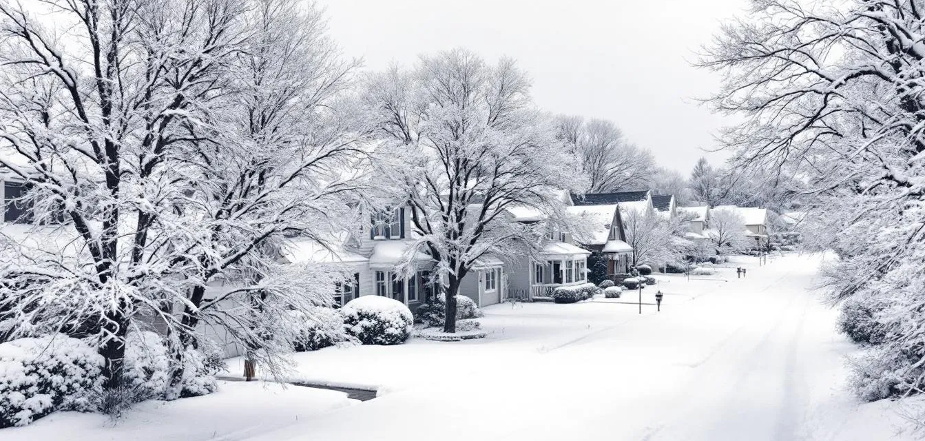 The image depicts a suburban neighborhood with heavy snow accumulated on residential rooftops, highlighting the potential for snow-related damage such as roof collapses or ice dams. Homeowners should consider how their homeowners insurance policy provides coverage for such winter weather events and the potential risks to their personal property.