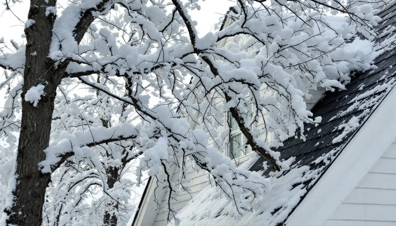 The image depicts snow-covered tree branches precariously hanging close to a house roof, highlighting the potential risk of snow damage or roof collapse during winter storms. Homeowners should be aware that most homeowners insurance policies typically cover damage caused by falling objects, but it's important to check specific coverage options with their insurance provider.